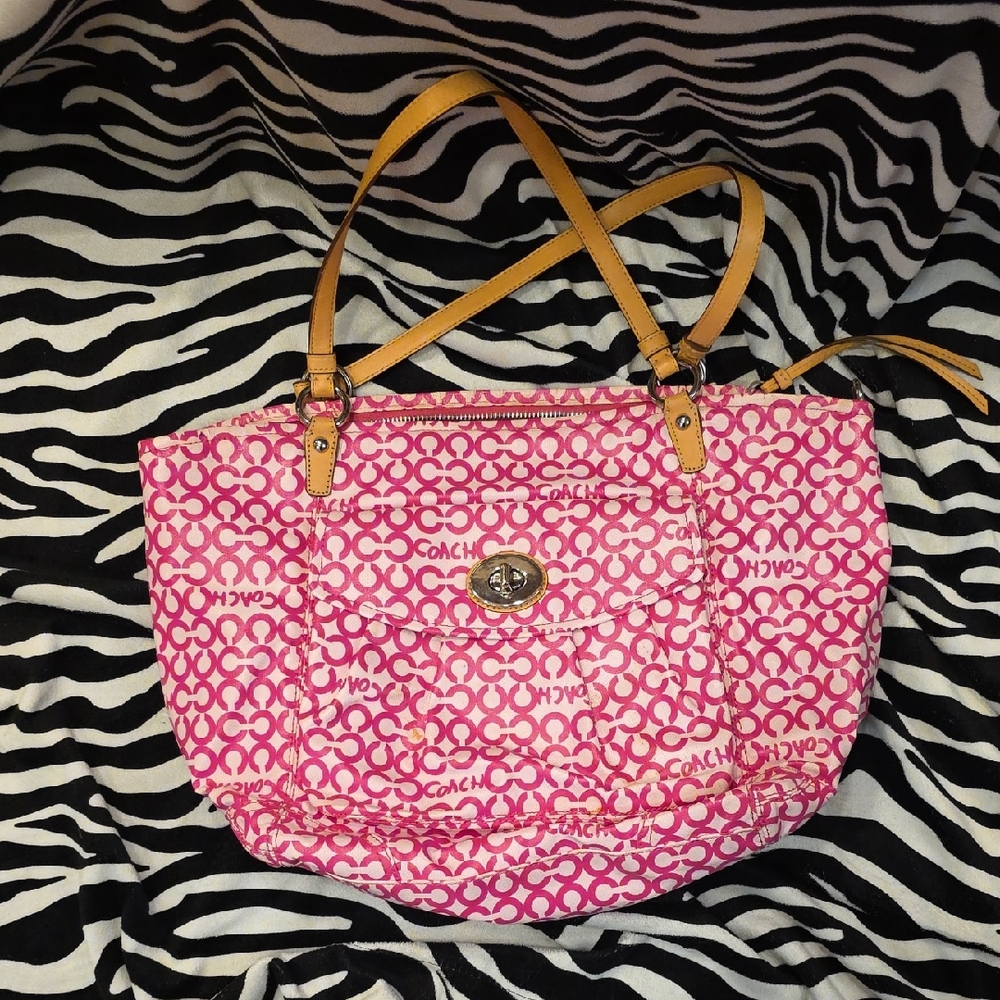 Coach Pink Tote Bag with Yellow Straps